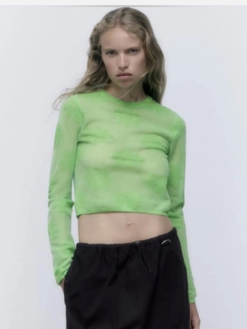 Zara Sheer Floral Sparkle Knit Crop Top Neon Green Long Sleeve NWT Size Small